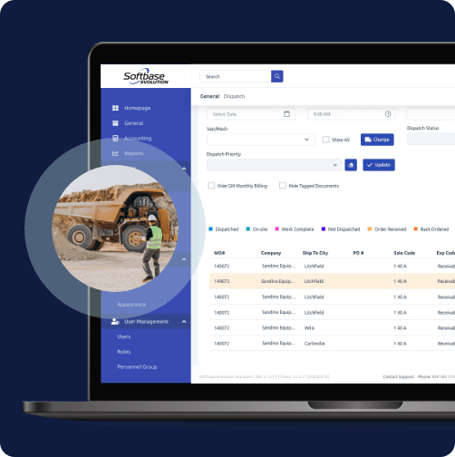 Construction Dealer Management System - Dump truck over softbase's software mockup