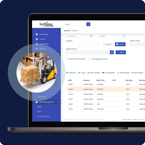 Material Handling Dealer Management Software - Forklift over softbase's software mockup