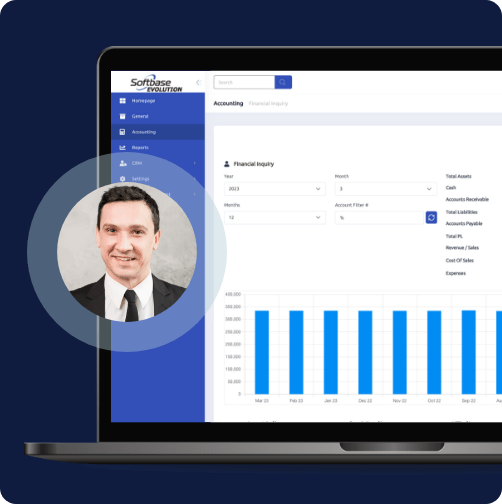 male business man over accounting management screen mockup