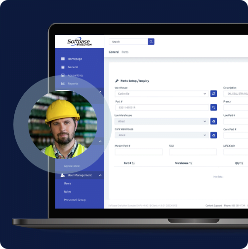 male field technician over parts management screen mockup