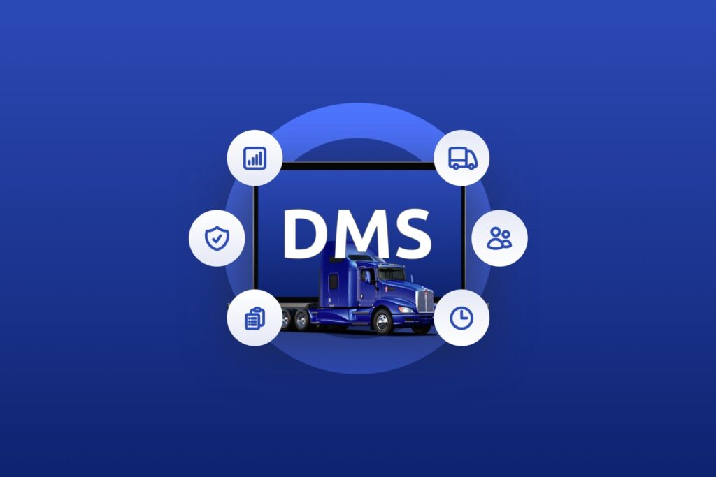 A tablet screen with the words 'DMS' on it with 6 icons floating around it