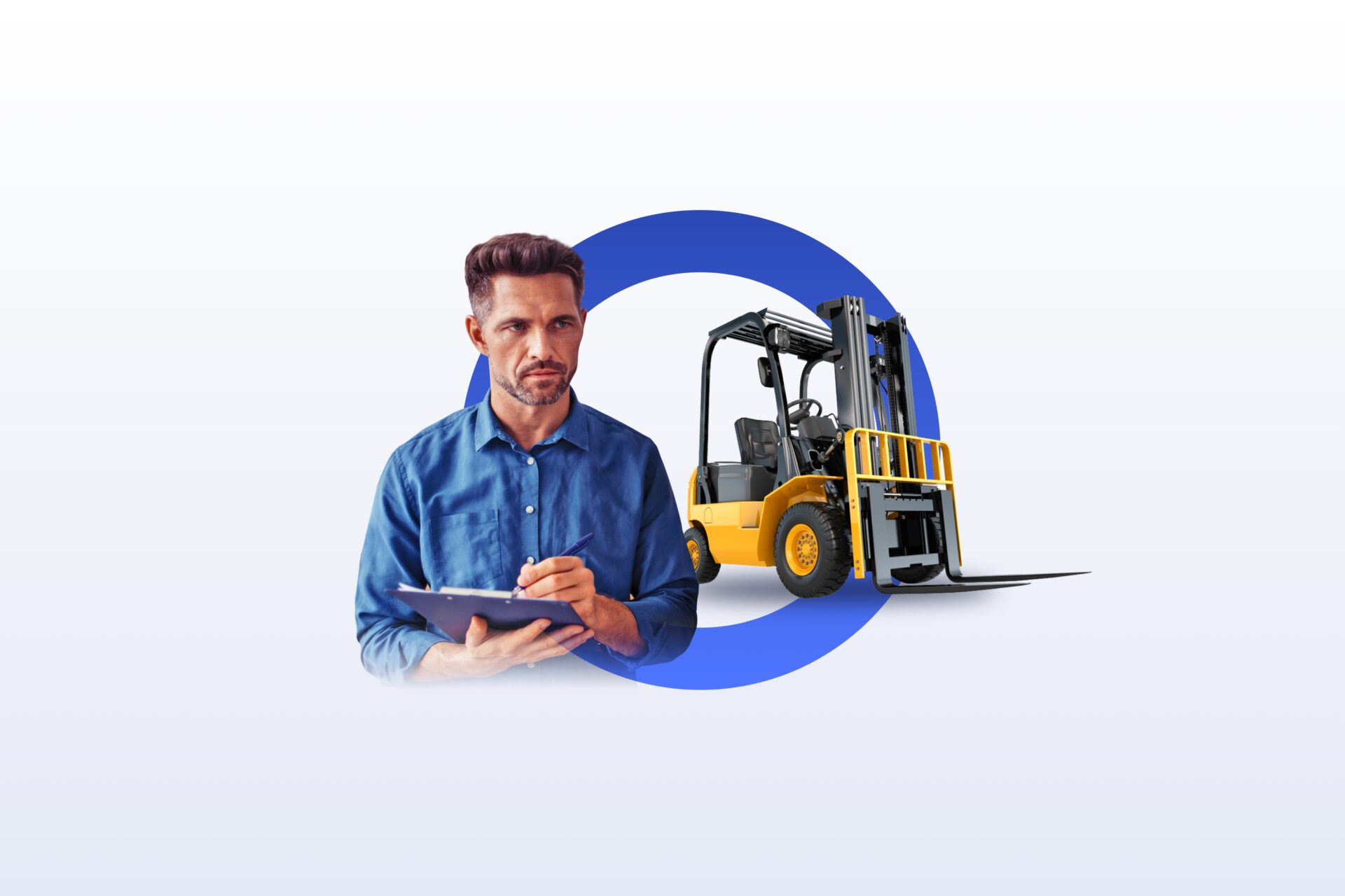 Dealership technician next to a forklift