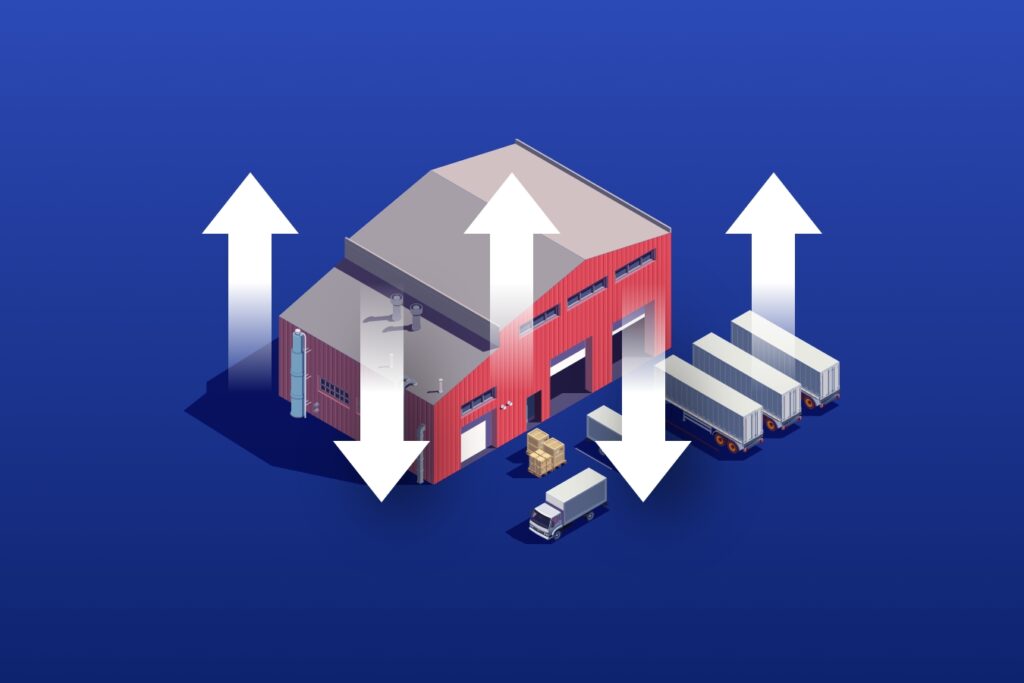 Arrows pointing in and out of a cartoon warehouse with trucks and trailers outside.