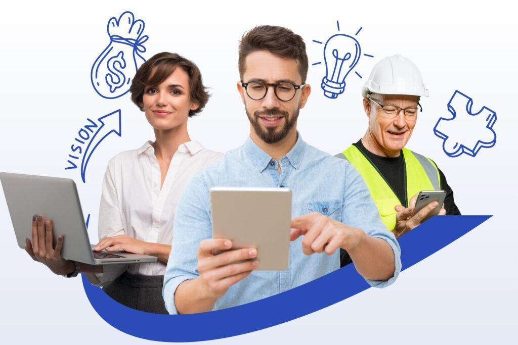 Three dealership workers on their mobile devices with doodles around their heads