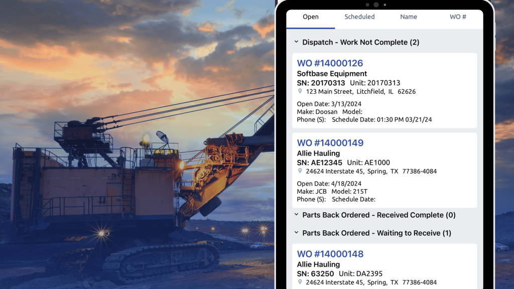 ag equipment overlayed with a tablet showing softbase's mobile view - Aggregate Equipment Dealer Management Software