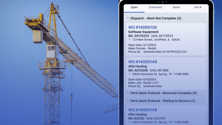 tablet with softbase evolution screenshot overlayed on a photo of a crane - crane rental management software.