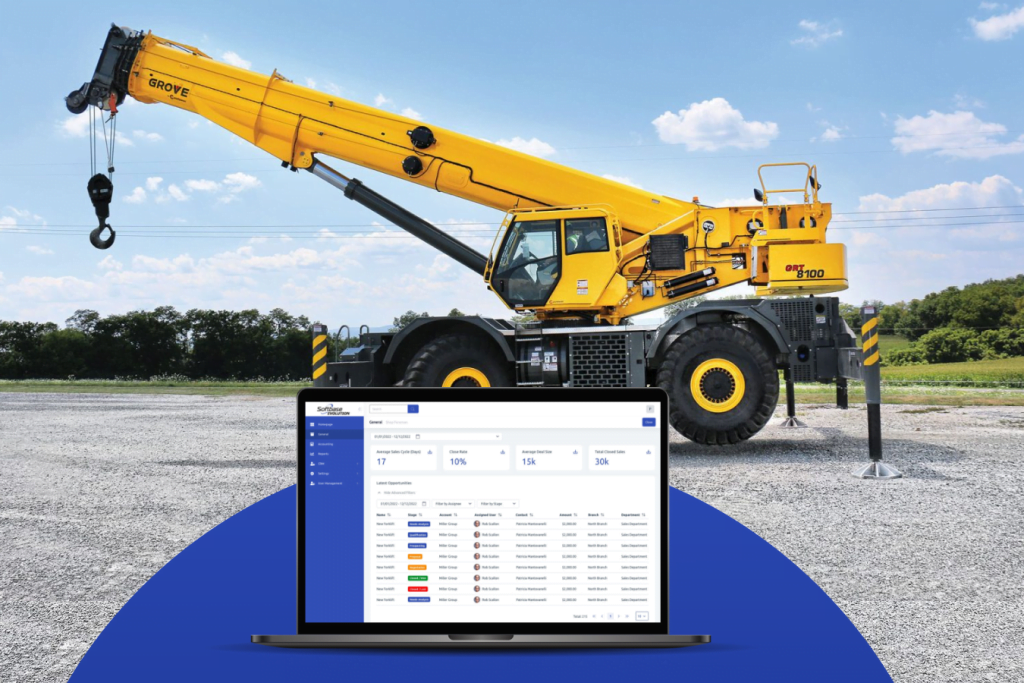 crane rental management software - crane equipment overlayed with a screenshot of the softbase dms