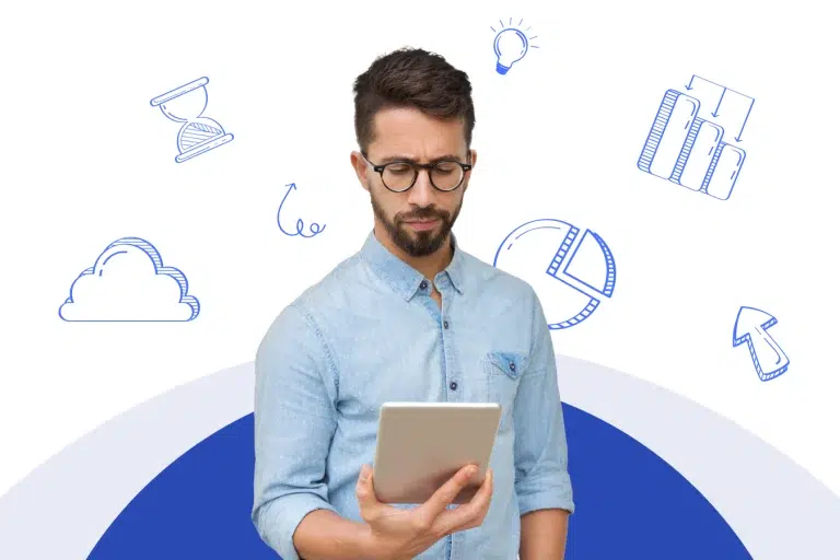 financial manager reviewing real-time dealer reports with analytics elements surrounding him