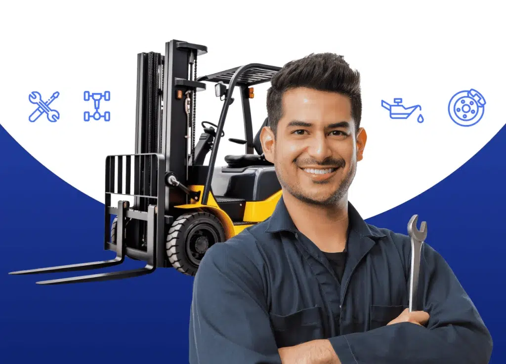 Males forklift technician standing in front of forklift - forklift dealer software