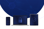 A smartphone, laptop, and tablet are displayed against a blue background with digital security icons. Each device screen shows a different symbol: a cloud on the phone, a padlock on the laptop, and a shield with a checkmark on the tablet, representing cybersecurity and data protection.