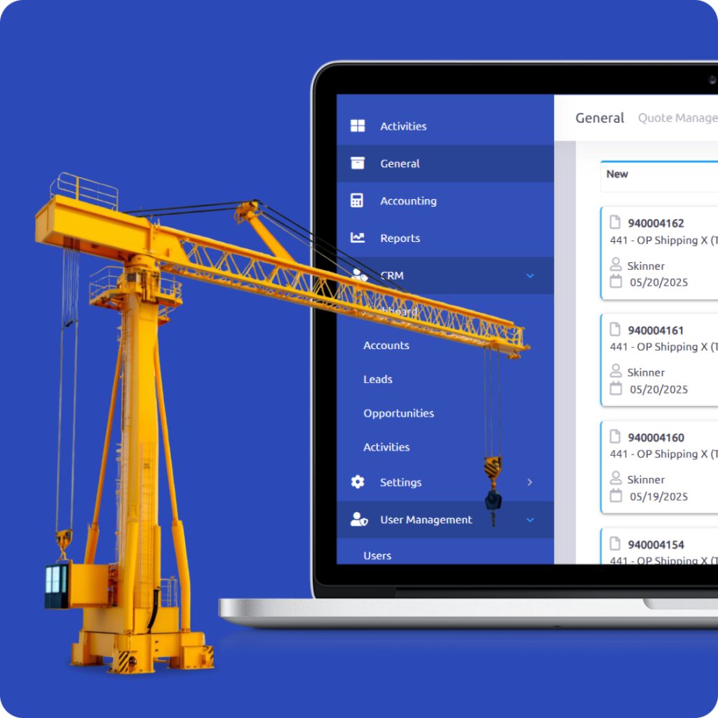 Yellow construction crane next to a laptop screen displaying a CRM dashboard, symbolizing construction project management software integration