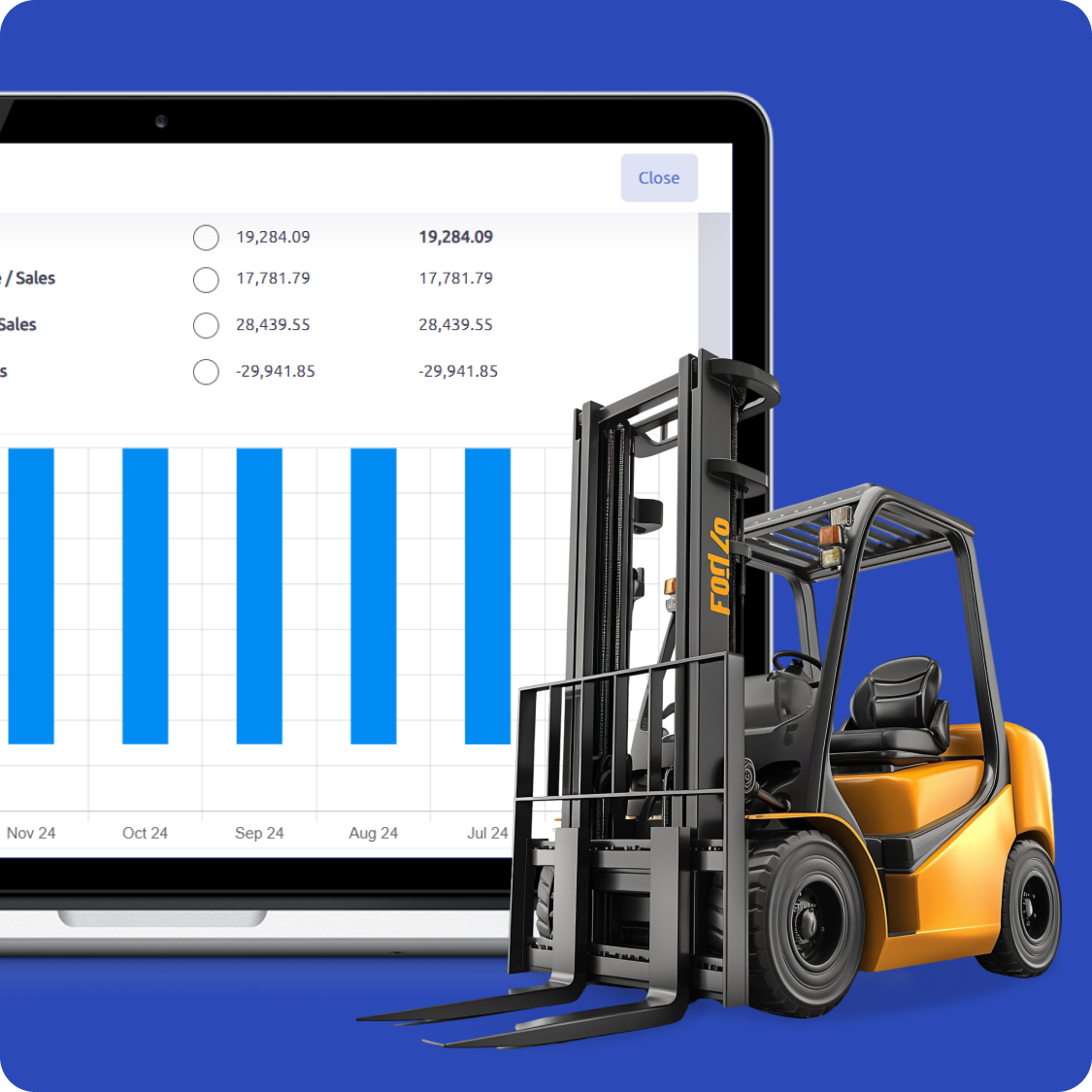 Yellow forklift positioned in front of a laptop displaying inventory and financial data charts, symbolizing integration of warehouse equipment with digital management software