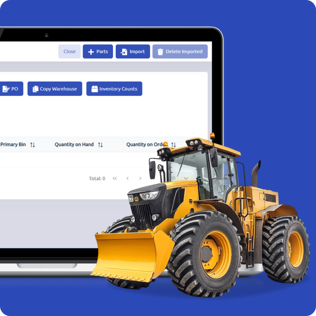 Yellow heavy-duty tractor positioned in front of a laptop screen showing inventory management software with options like Import, Parts, Copy Warehouse, and Inventory Counts