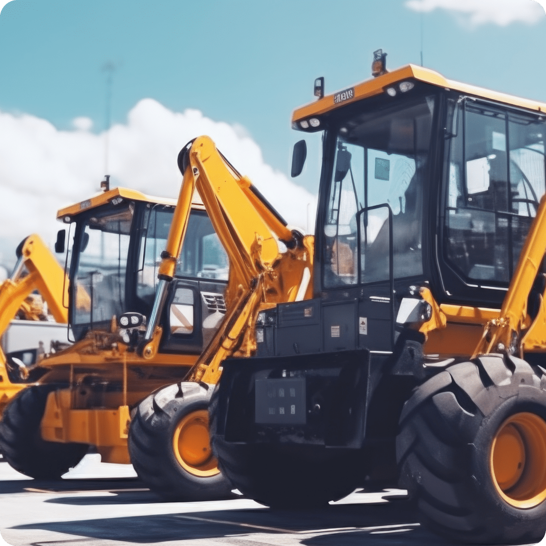 Yellow construction backhoes parked in a row for heavy equipment rental fleet management