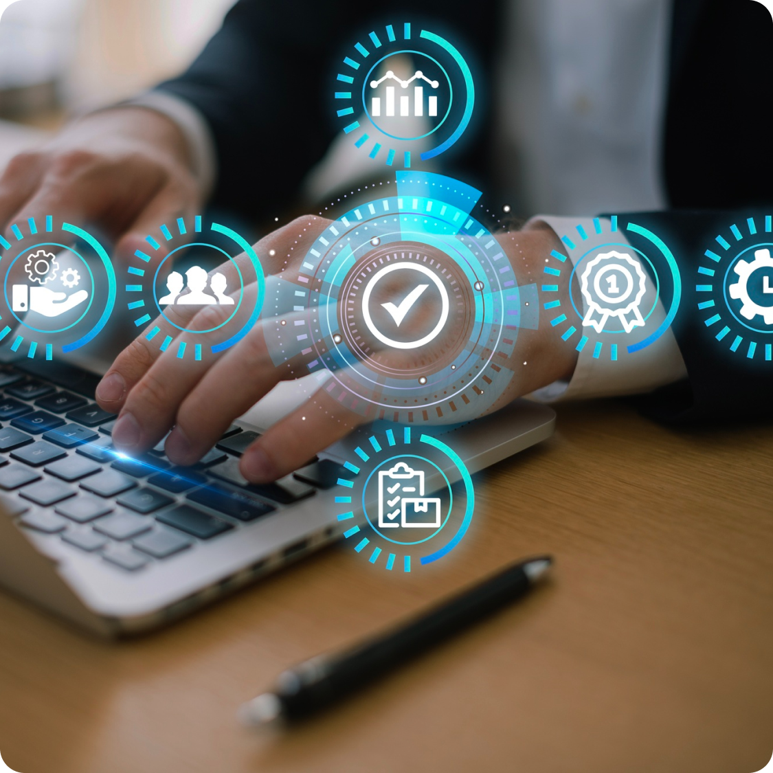 Businessman using CRM software with digital interface icons for customer relationship and data management on laptop