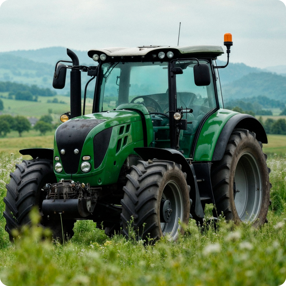 Green modern tractor in a rural farm field used for agricultural equipment operations