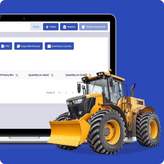 Yellow heavy-duty tractor positioned in front of a laptop screen showing inventory management software with options like Import, Parts, Copy Warehouse, and Inventory Counts