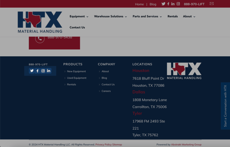 digital-marketing-for-equipment-dealership-htx-example a screenshot showing HTX putting their social media links in the footer of their website for digital marketing