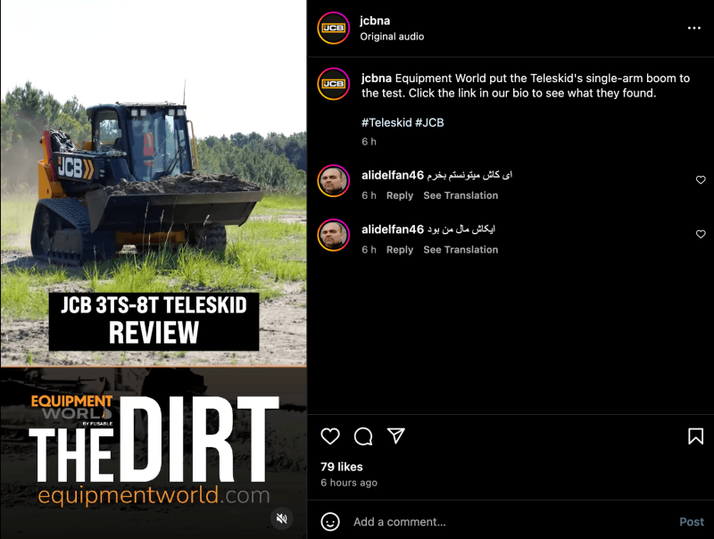 digital-marketing-for-equipment-dealership-jcb-example screenshot of a video testimonial posted by JCB on their instagram
