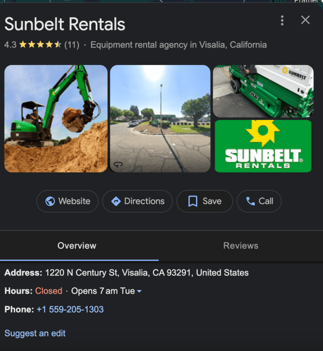 digital-marketing-for-equipment-dealership-sunbelt-example a screenshot of Sunbelt Rentals’ Google My Business listing