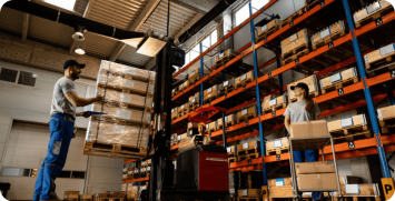 low-angle-view-happy-warehouse-workers-communicating-while-working-with-shipment-industrial-storage-compartment Warehouse personnel