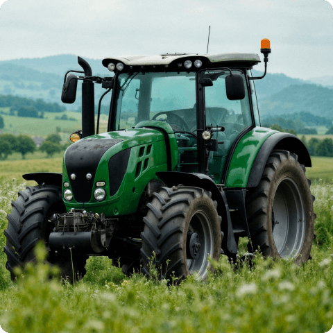Green modern tractor in a rural farm field used for agricultural equipment operations