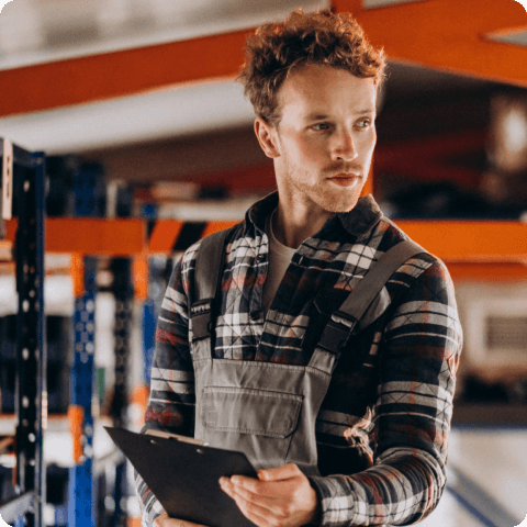 A warehouse worker in overalls holding a clipboard and inspecting parts inventory on industrial shelving